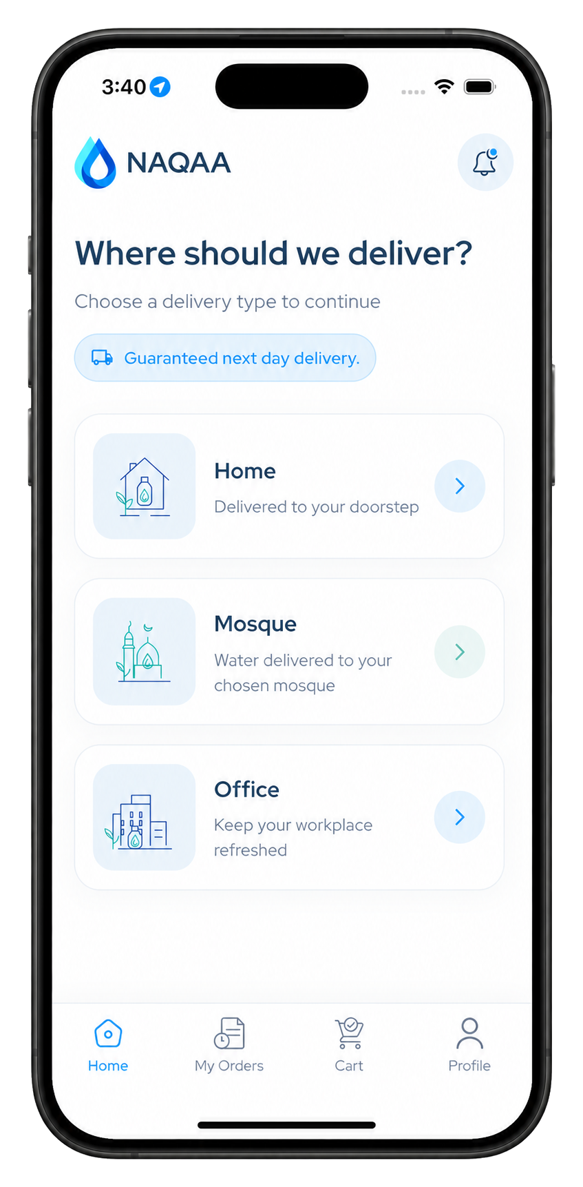 Naqaa app on iPhone showing home, mosque, and office delivery options